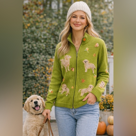 Storybook Knits Sweaters - Storybook Knits Golden Retriever Dog Sweater Green Zip Cardigan Pupply Novelty M